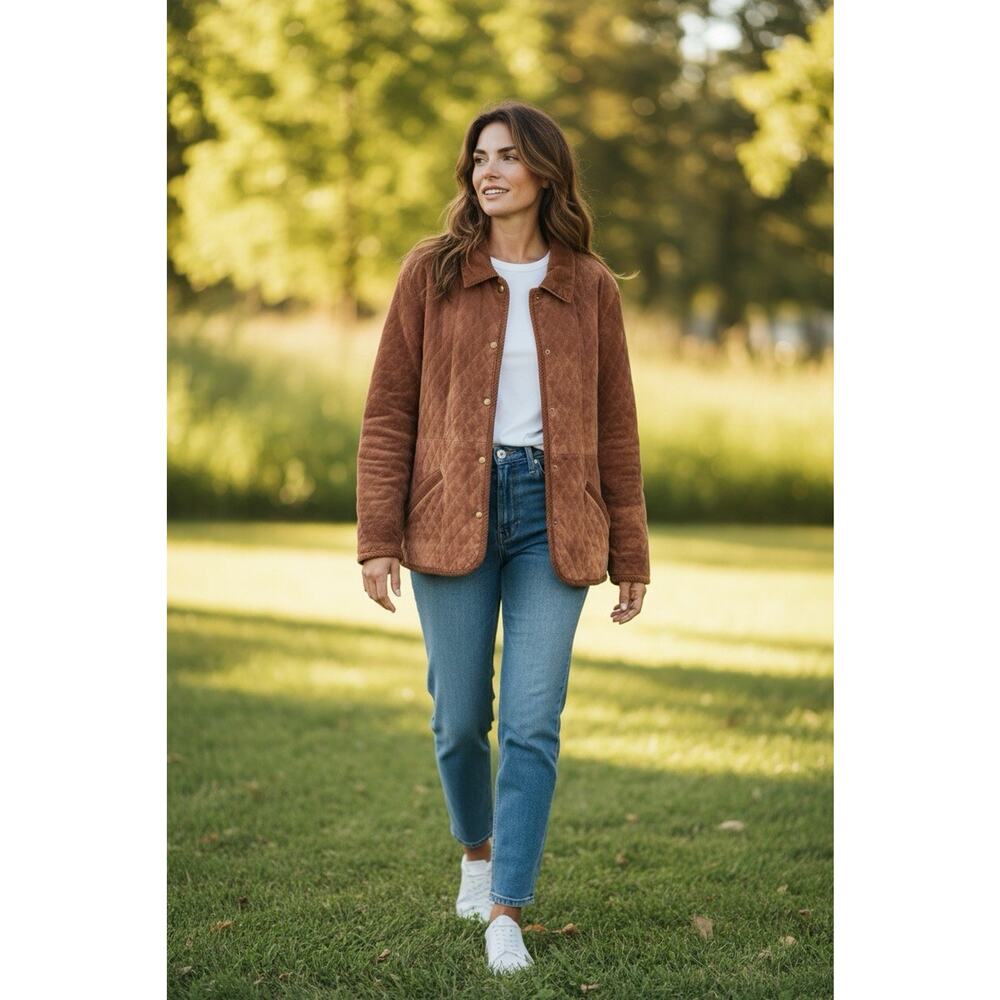 Orvis Quilted Brown Suede LEATHER Coat Barn Chore Jacket Womens Size Medium